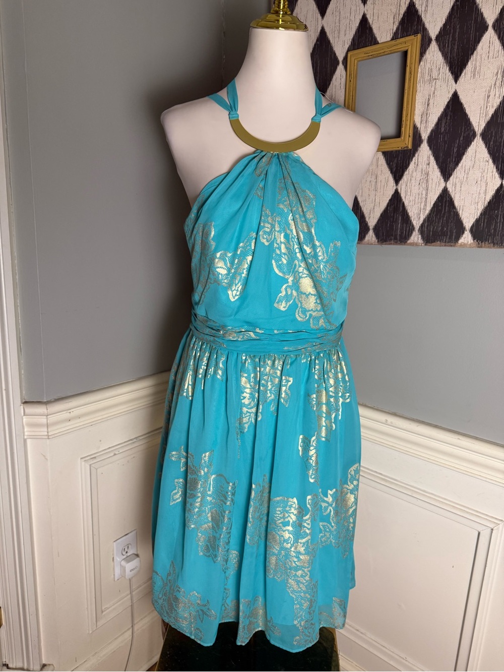 Robbie Bee Evening Size 6 Turquoise Gold Floral Halter Fit & Flare Dress